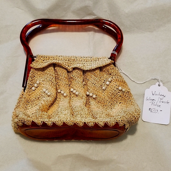 Vintage Women's Crochet & Tortoise Lucite Bag/Purse Gold Boho 1950/1960 - Picture 1 of 13